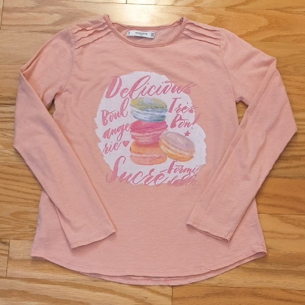 Mango, Peach Long Sleeve Tee with Macaron Design, Girls 11/12 EUC